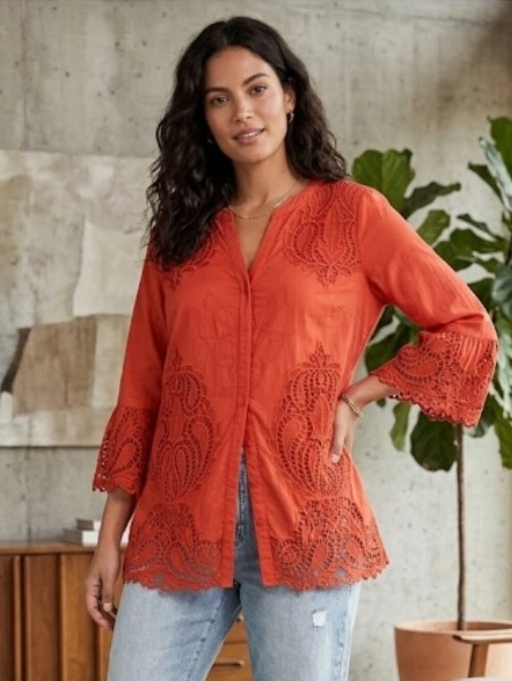 Chico's Button Up Burnt‎ Orange Cotton Lace Tunic Size 12/14